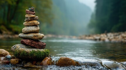 Serene river scene with meticulously balanced rock stack