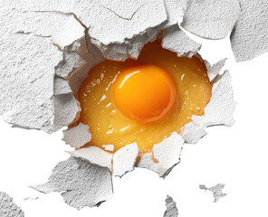 A cracked, powdered surface reveals a yolk