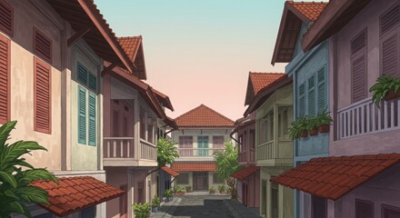 Quaint Street Scene with Colorful Buildings and Red Tile Roofs Tropical Plants.