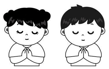 合掌する子供の白黒イラスト