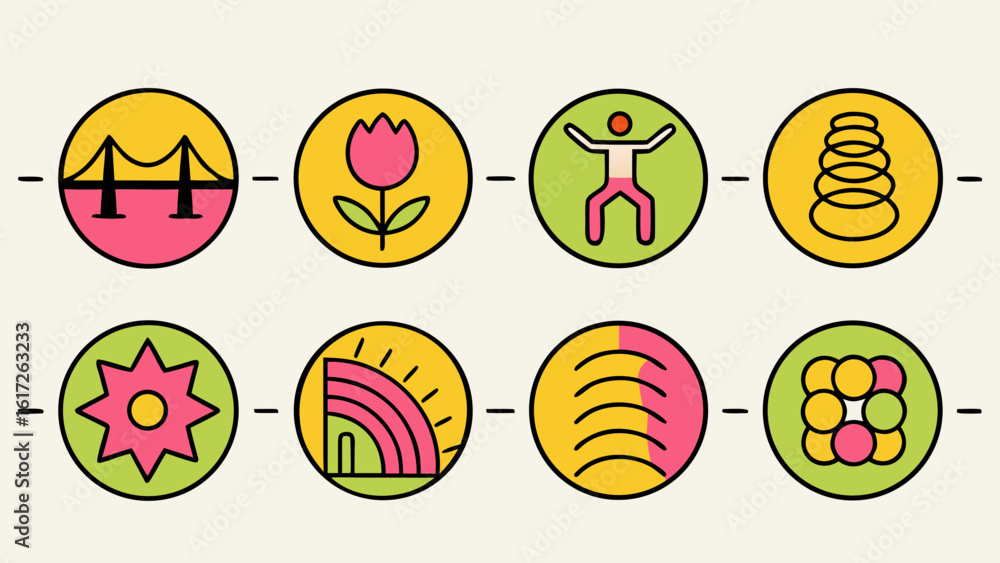 Poster collection of resilience symbols representing flexible materials quality assurance and durability fo