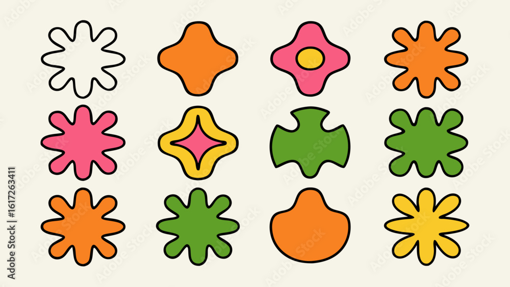 Poster vibrant collection of retro inspired abstract organic shapes with irregular forms in a striking colo
