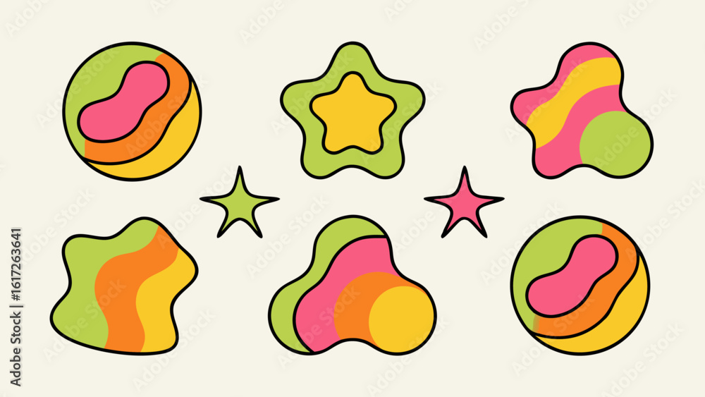 Poster vibrant retro organic abstract shapes collection featuring irregular forms and a bold color palette 