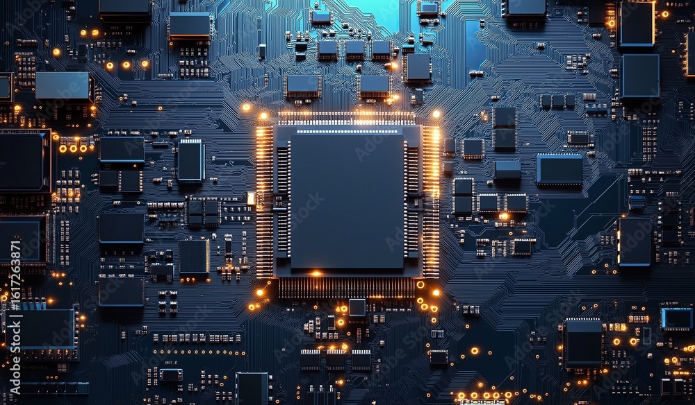 Aufkleber high tech circuit board with glowing chip patterns and electronic components on dark blue background