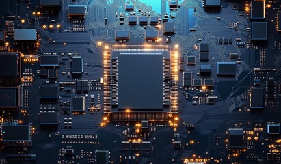 High tech circuit board with glowing chip patterns and electronic components on dark blue background featuring empty black square for text or logo placement