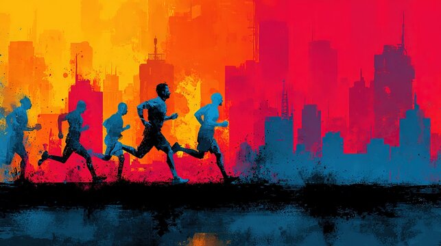 Vibrant marathon-themed runner banner featuring diverse people in dynamic running poses