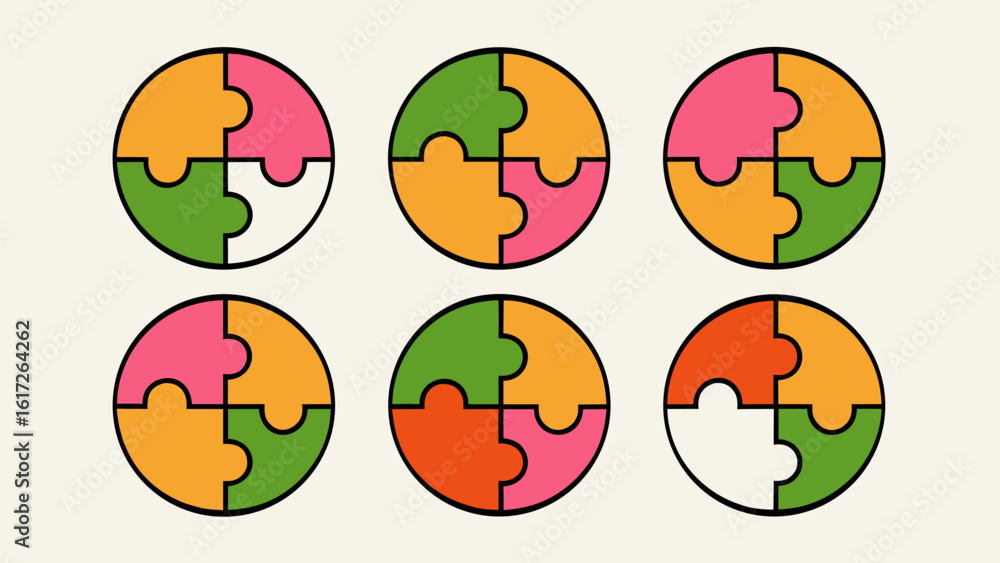 Poster circular jigsaw puzzle pieces with diverse stylized symbols representing teamwork connection and pro
