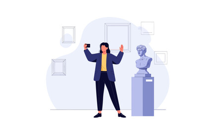 Obraz premium Woman Taking Photo In Art Gallery Surrounded By Art Pieces And Sculpture