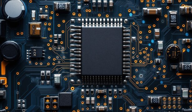 Top view of electronic circuit board with chips and components on dark blue background highlighting black chips and golden edges of electrical connections showcasing microelectronics technology