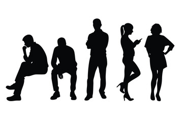 Bored People Waiting in Line Vector Silhouette Set - Editorial Illustrations