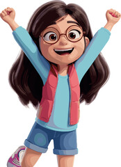 3D happy cartoon girl on transparent background.