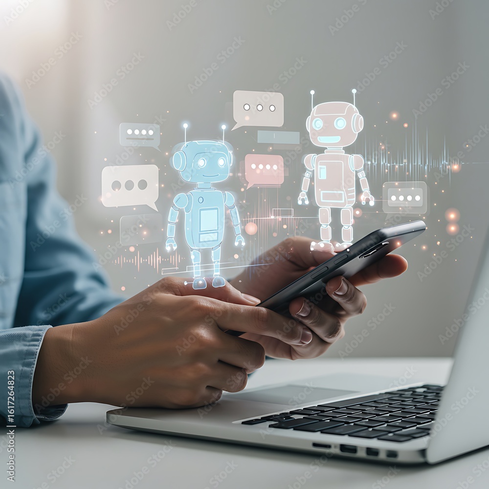 Poster person using smartphone with chatbot interface and laptop computer on desk