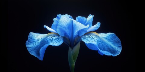 Stunning close-up of a vibrant blue iris flower with delicate petals illuminated by soft studio lighting, isolated on dark background to enhance color contrast and botanical elegance