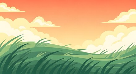 Obraz premium Peaceful summer meadow with blowing green grass under a serene orange sunset sky. A tranquil nature landscape illustration.