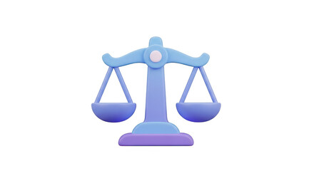3d icon of a stylized blue and purple balance scale stands isolated on a transparent background, symbolizing justice