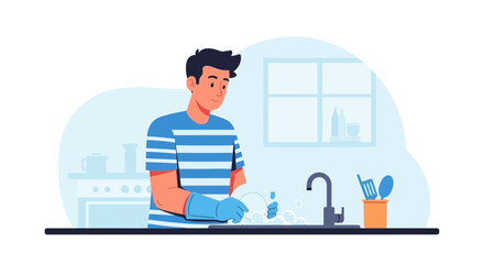 Young Man Washing Dishes At Home With Blue Gloves In Modern Kitchen