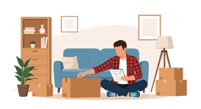 Young Man Unpacking Cardboard Boxes In New Living Room After Moving In