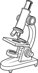 Detailed illustration of classic laboratory microscope, scientific research tool, biology study equipment, educational instrument, black and white line art drawing