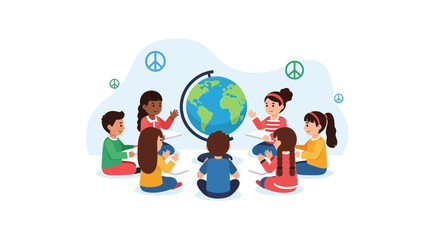 Young Students Studying Geography Together Around A Globe Of The World