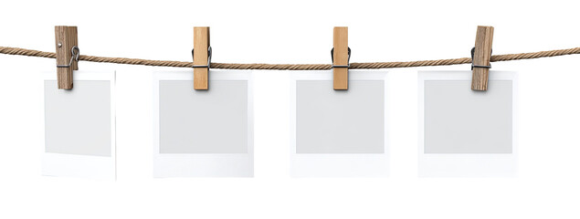 Four blank instant photo prints hanging on a rope with clothespins
