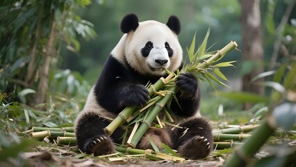 Fototapeta premium giant panda eating bamboo, Cute panda eating bamboo in a lush forest. Perfect for nature lovers, animal enthusiasts, and wall art collectors. 