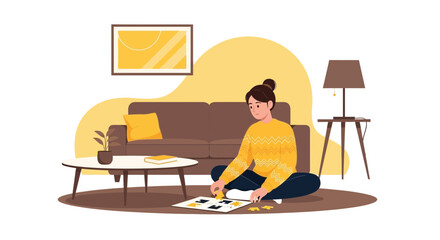 Young woman enjoying a relaxing afternoon at home playing a jigsaw puzzle on the floor
