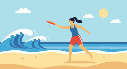 Young Woman Enjoying a Sunny Day on the Beach Playing with Flying Disc