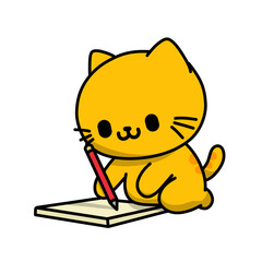 Cartoon vector illustration of a sitting cat learning to write, used as icon or sticker, logo.