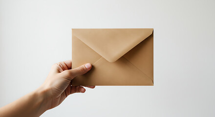 Close-up of hand holding kraft paper envelope white background with soft natural lighting