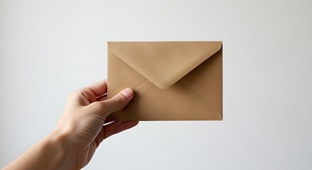Close-up of hand holding kraft paper envelope white background with soft natural lighting