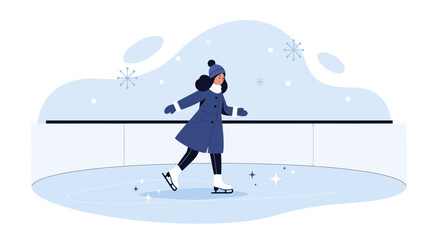 Young Woman Enjoying Ice Skating in Winter Outdoor Rink Illustration