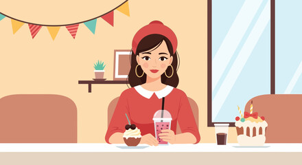 Young woman enjoying a sweet treat and refreshing beverage in a cozy cafe setting celebration