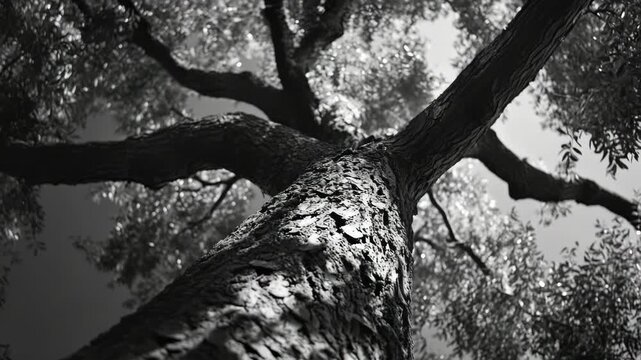 Black and white graph of tree branches in a forest during the day.