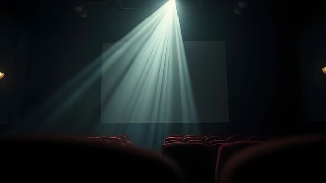 Empty Theater with Spotlight Shining on Screen in Dark Room
