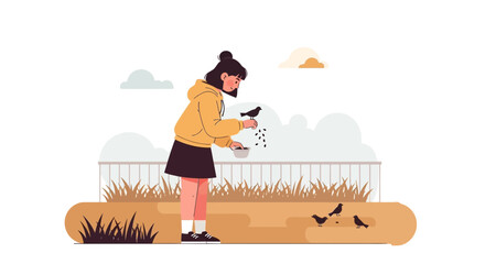 Young Woman Feeding Birds In The Park On A Sunny Day Illustration