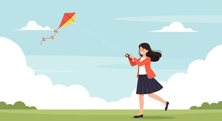 Young Woman Flying Kite On A Bright Sunny Day Surrounded By Clouds