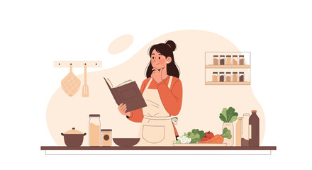 Young woman following recipe in kitchen, creating delicious and healthy food