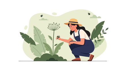 Young Woman Exploring Plant Life in a Garden on a Sunny Day