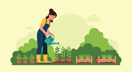Young Woman Gardening Watering Plants Outdoors In An Organic Garden