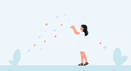 Young Woman In Summer Dress Catching Falling Petals Illustration