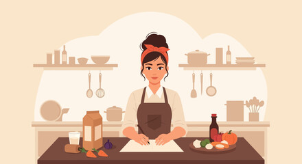 Young woman in kitchen planning healthy meal and writing recipe at home illustration concept recipe preparation healthy food planning lifestyle