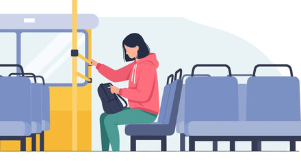 Young Woman Is Traveling On Public Transport Cartoon Character In The Bus
