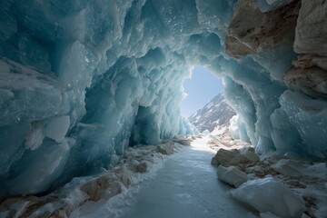 Glacier cave entrance with blue ice wall