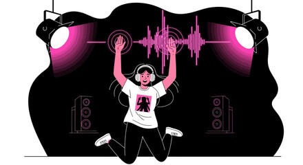 Young Woman Joyfully Dancing To Music With Headphones Under The Stage Lights