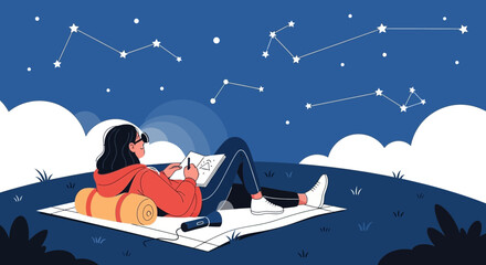 Young Woman Lying On A Blanket Outdoors Drawing Constellations At Night