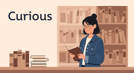 Young Woman Lost In A Book In A Serene Library Shelves And Reading