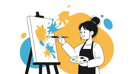 Young Woman Painting Canvas With Vibrant Splashes In Studio Environment