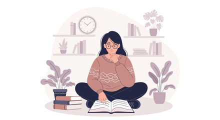 Young Woman Studying At Home Surrounded By Bookshelves And Plants