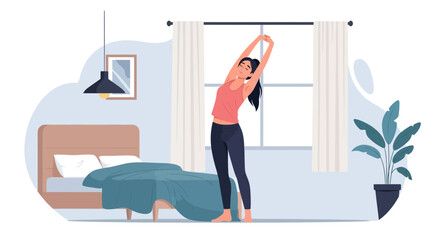 Young woman stretching in bedroom, wellness and healthy lifestyle concept animation