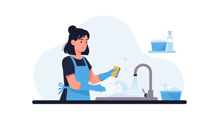 Young Woman Washing Dishes at the Sink in the Kitchen Interior